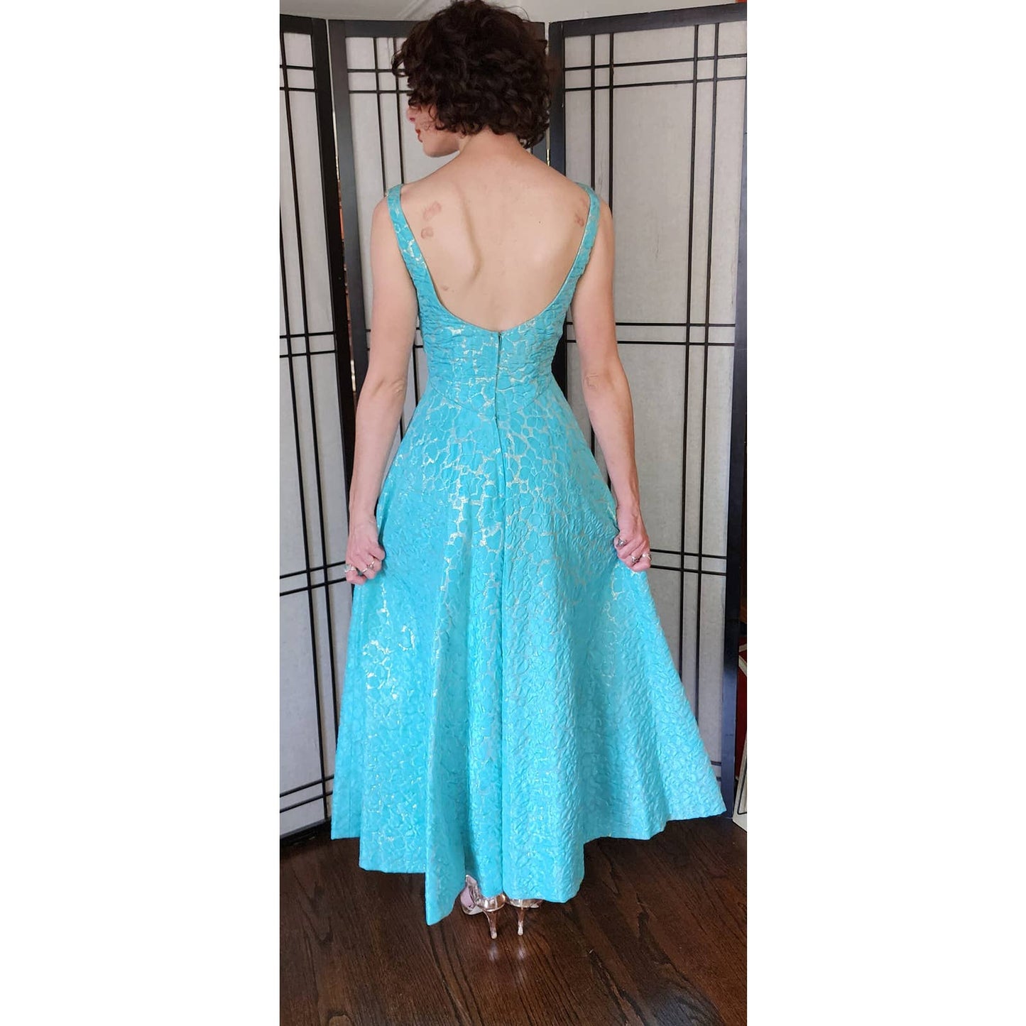 60s Party Dress Blue Gold Maxi Pebble Texture Sleeveless w/Bow / S