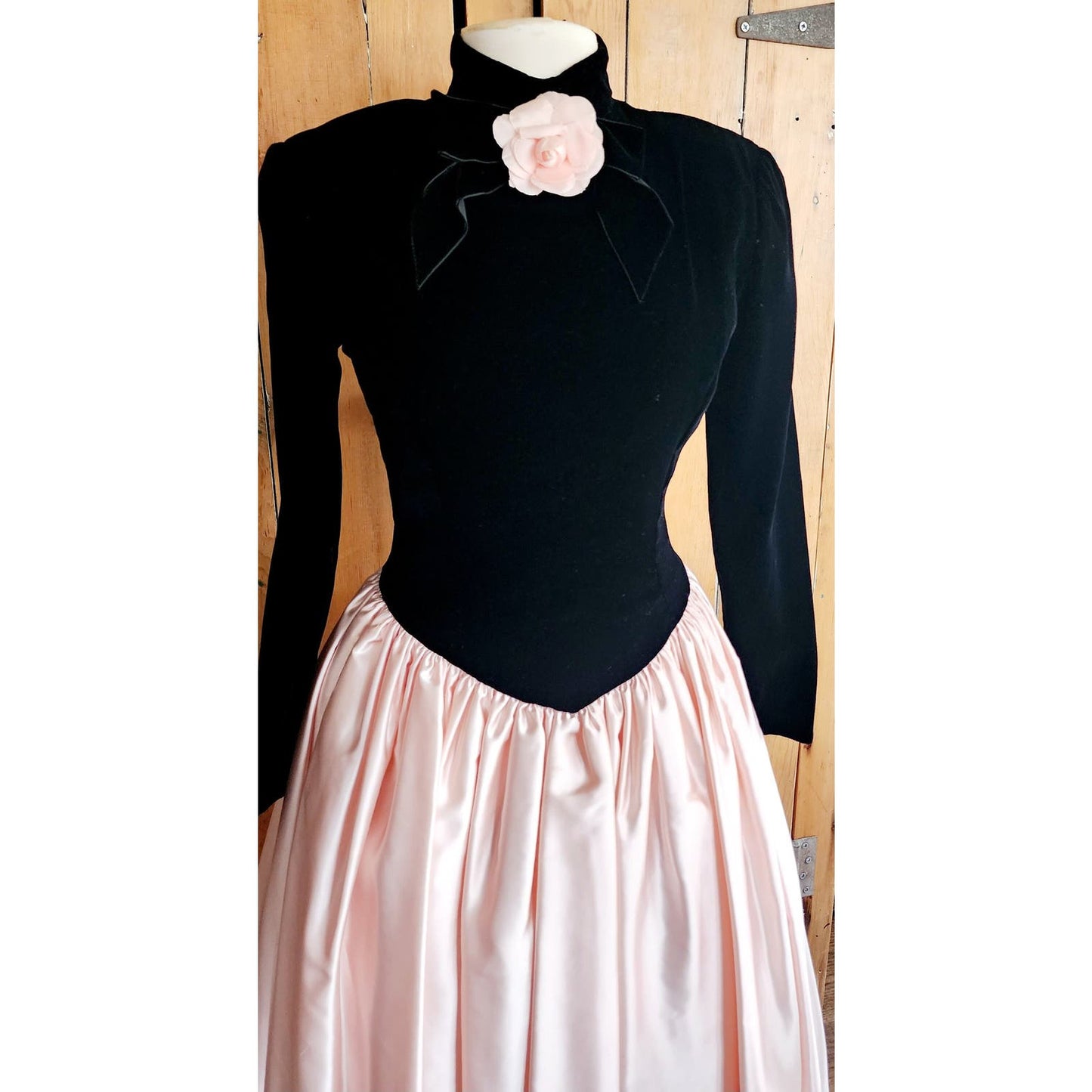 Vintage 80s Victor Costa Dress Black Velvet Pink Satin