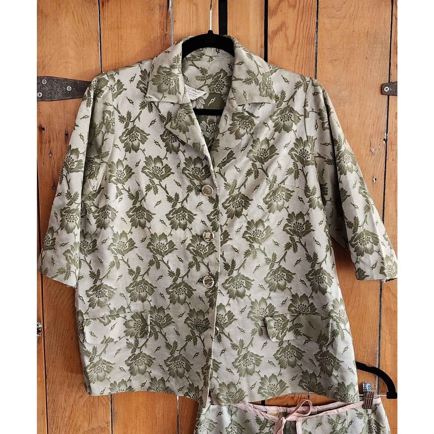 Vintage 60s Maternity Skirt Suit Light Green Floral Brocade Sears