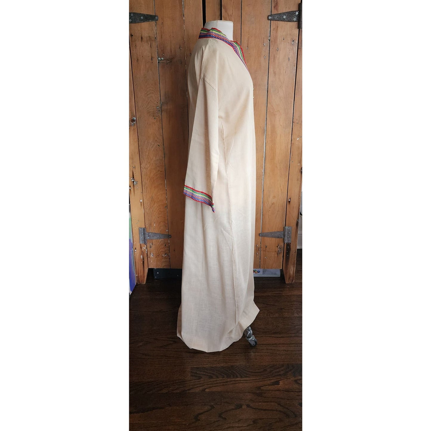 Vintage 70s Beige Maxi Caftan Dress Maxi Embroidered Lounger Sears