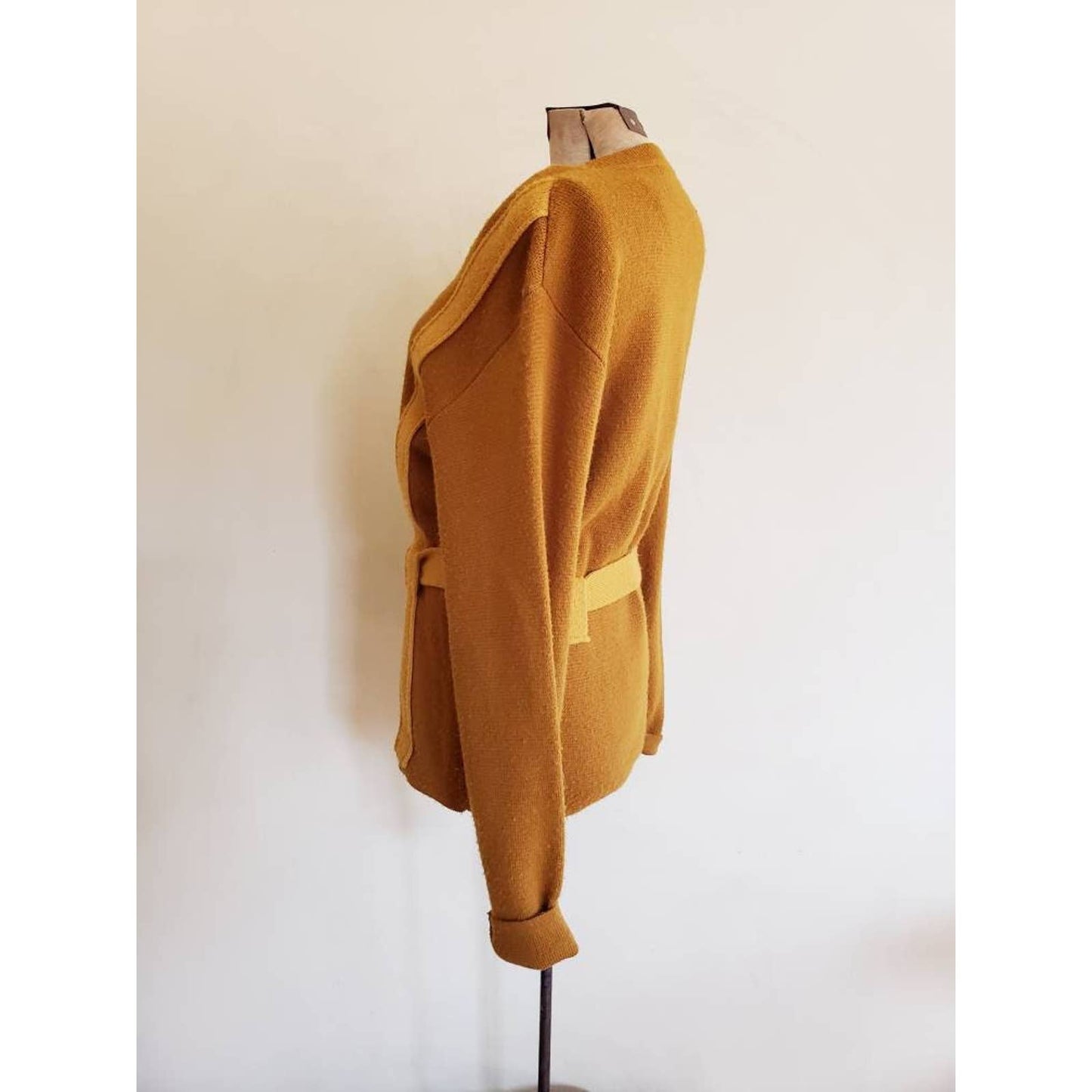 Vintage 70 Mens Sweater Mustard Yellow Sweater Adjustable Buckle Belt