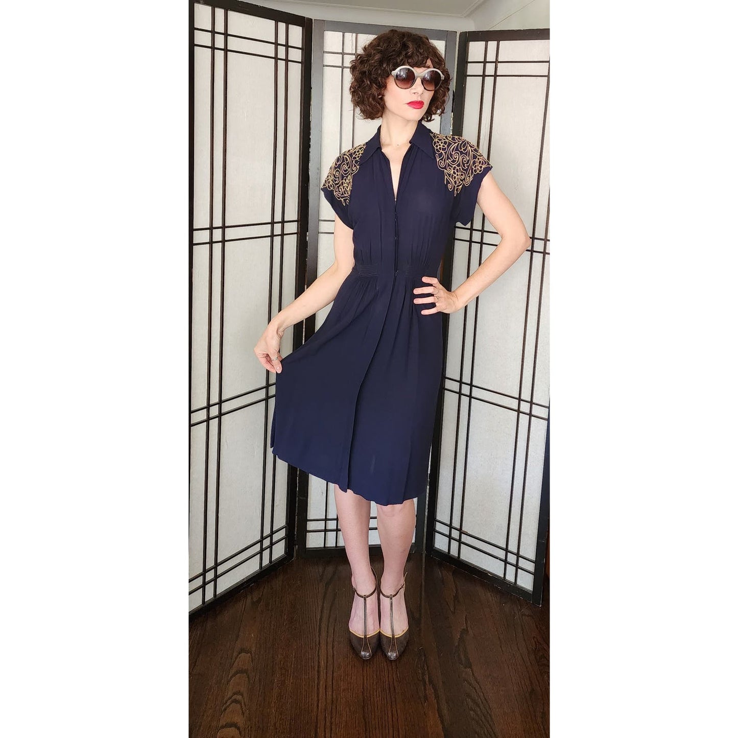 Vintage 40s Blue Rayon Dress Cream Embroidery R&K Original