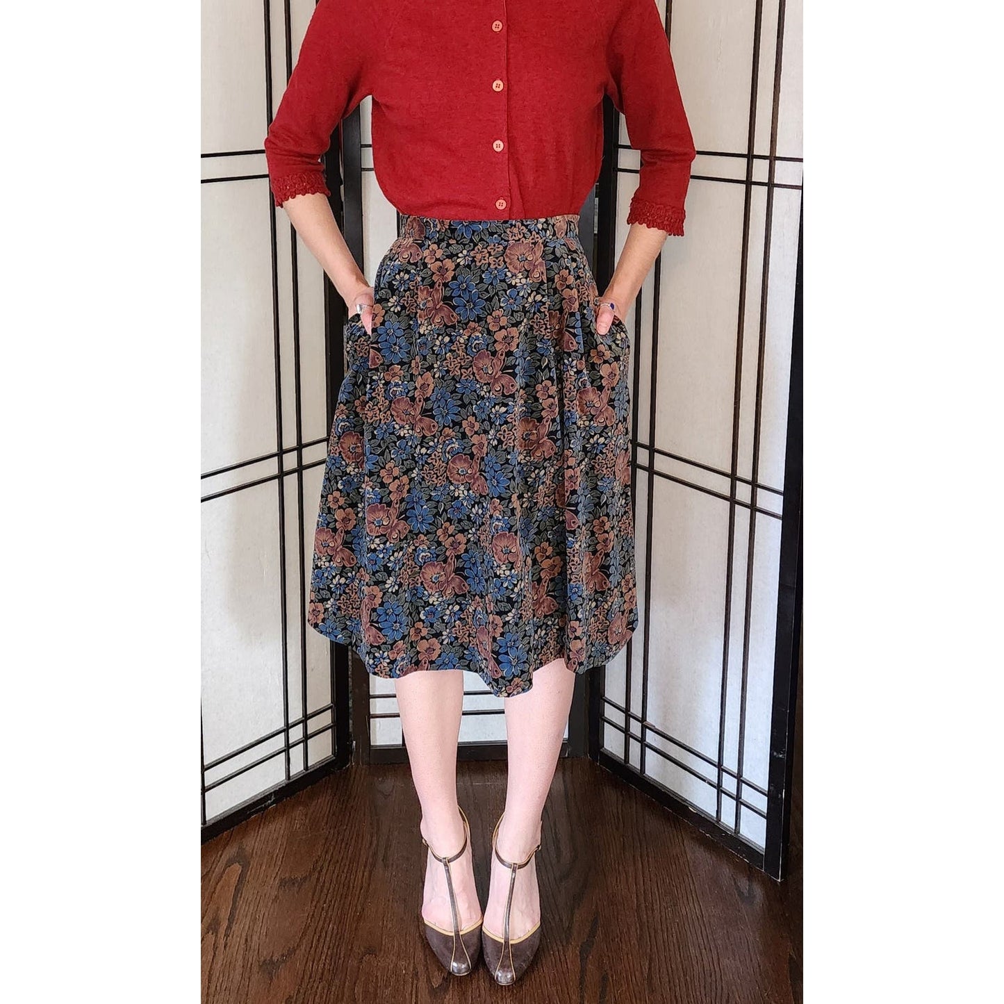 Vintage 70s Corduroy Skirt Floral Print Brown Blue