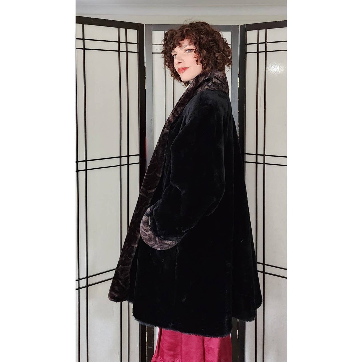 90s does 20s Faux Fur Coat Black Brown by Monterey Deadstock NOS