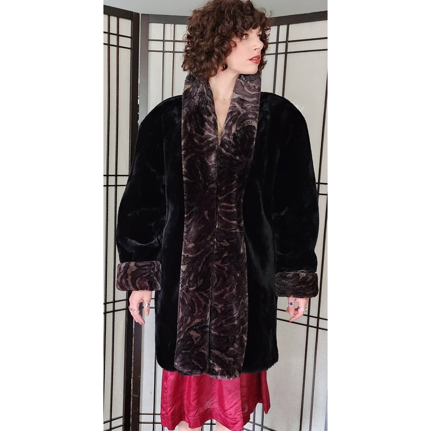 90s does 20s Faux Fur Coat Black Brown by Monterey Deadstock NOS