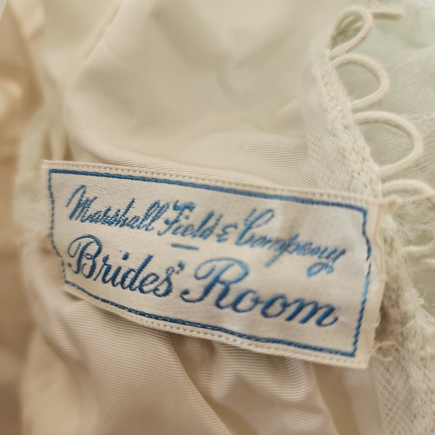 50s White Lace Wedding Dress w/Veil + Garter Marshall Fields