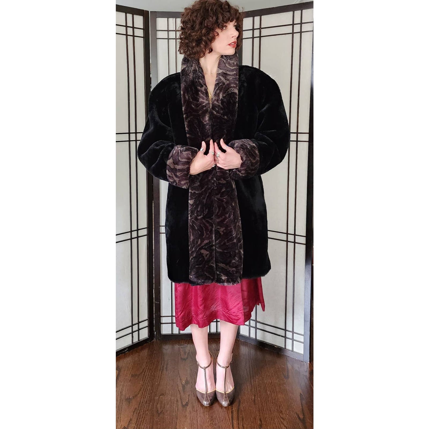 90s does 20s Faux Fur Coat Black Brown by Monterey Deadstock NOS