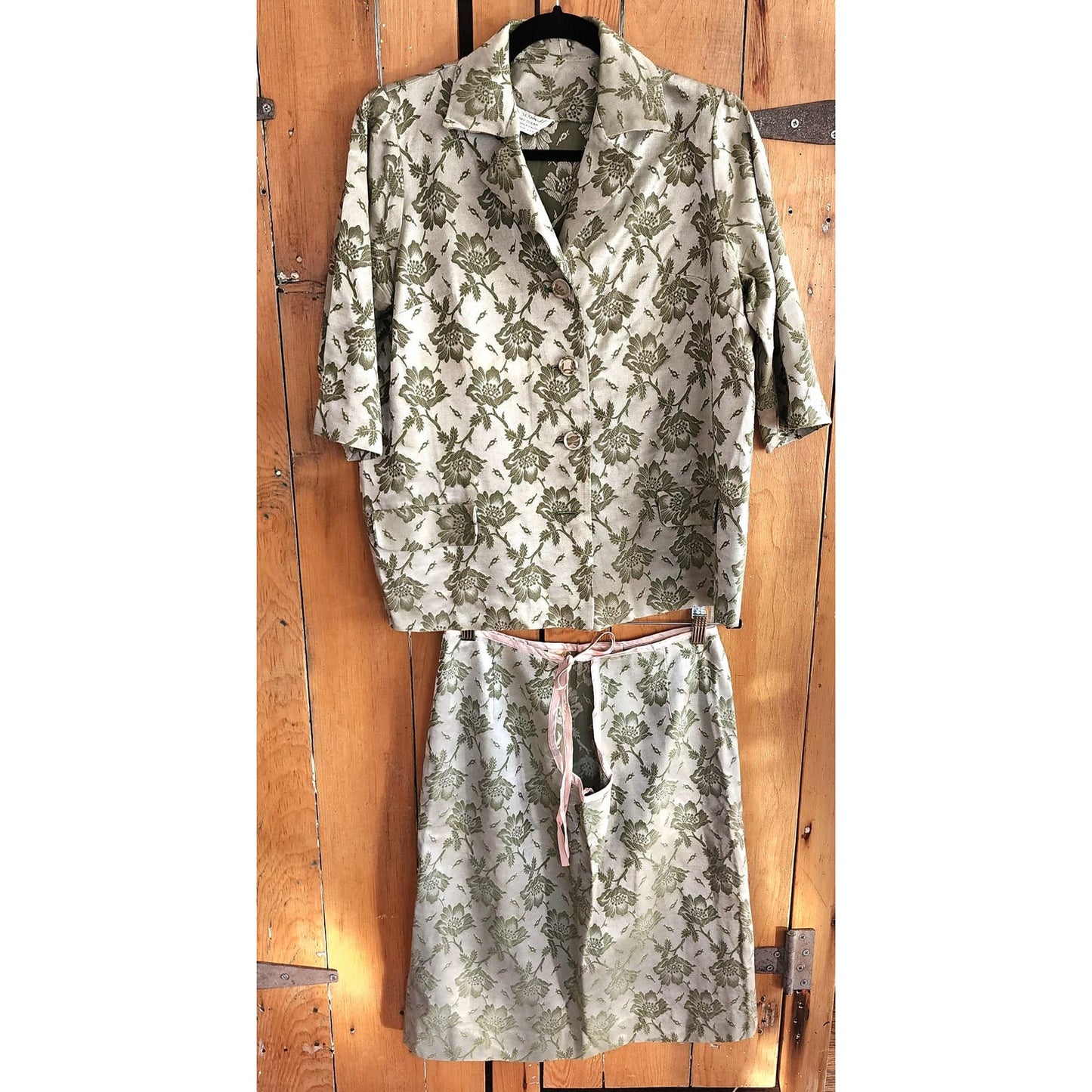 Vintage 60s Maternity Skirt Suit Light Green Floral Brocade Sears