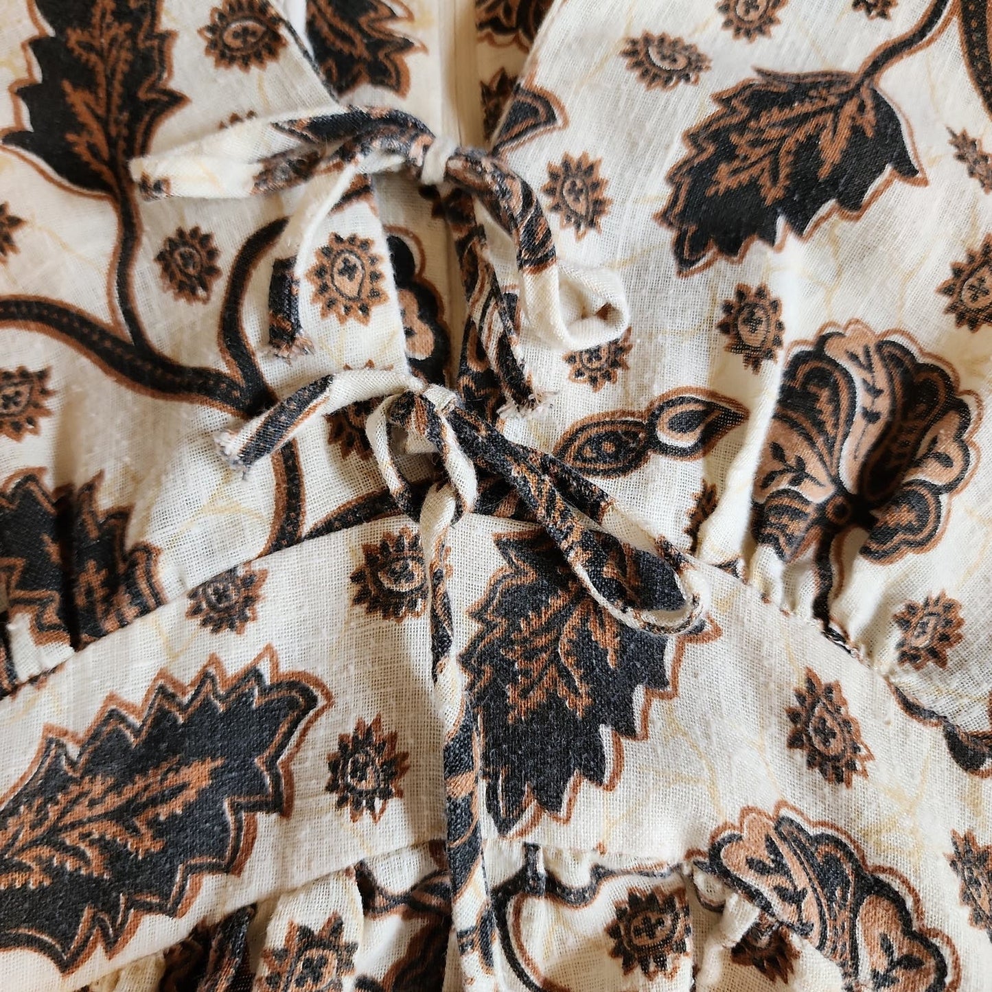 Vintage 70s India Cotton Maxi Dress Cream Brown Boho Floral Print