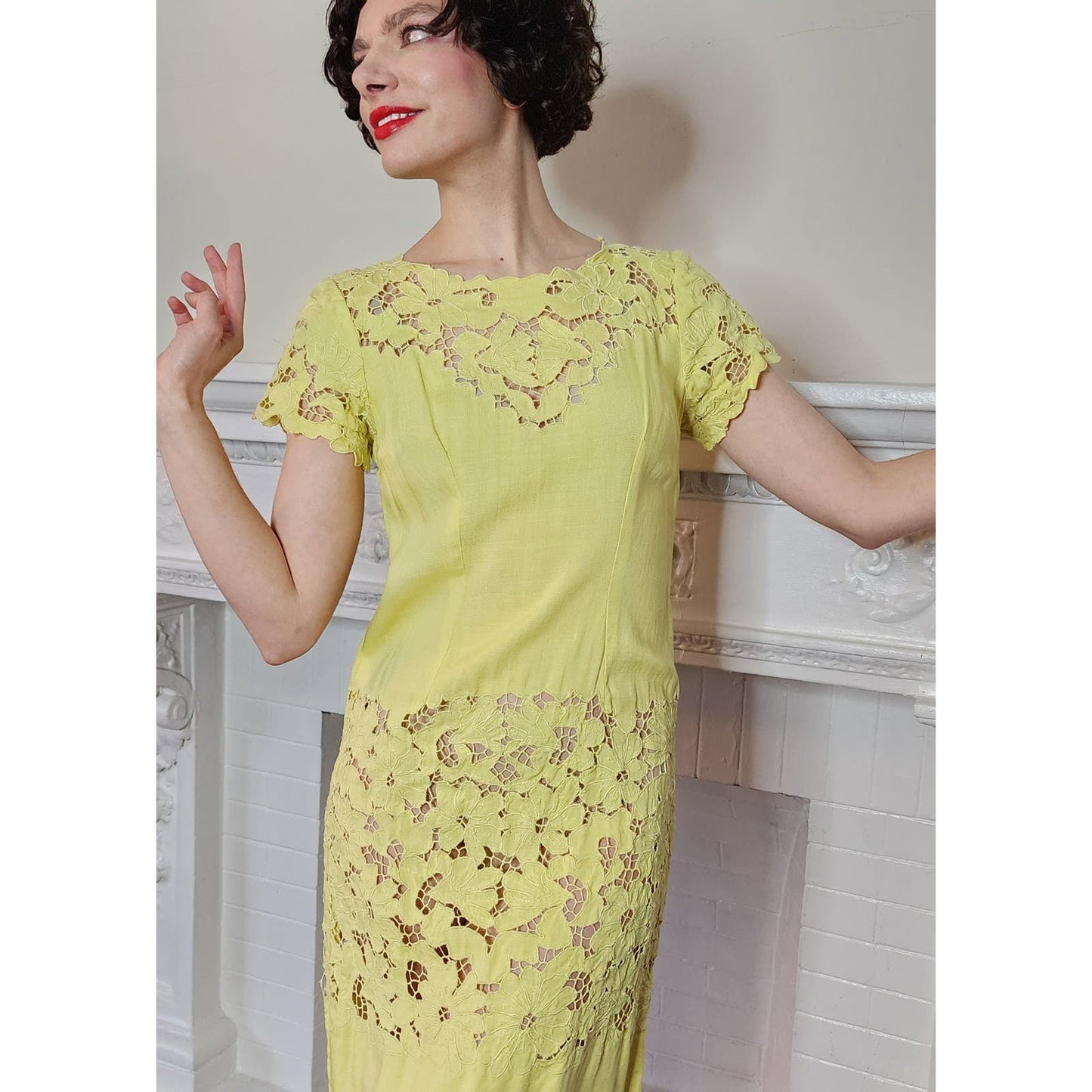 Vintage 60s Yellow Summer Dress Cut Lace 20s Style