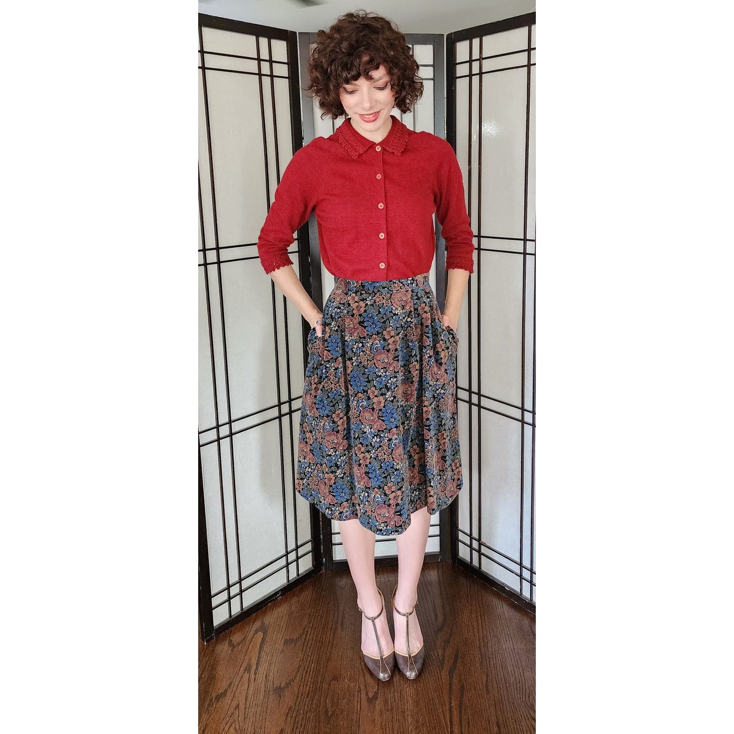 Vintage 70s Corduroy Skirt Floral Print Brown Blue
