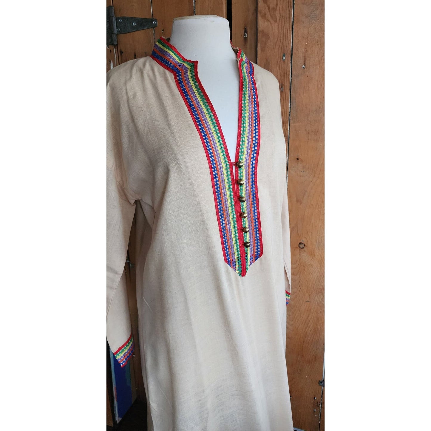 Vintage 70s Beige Maxi Caftan Dress Maxi Embroidered Lounger Sears