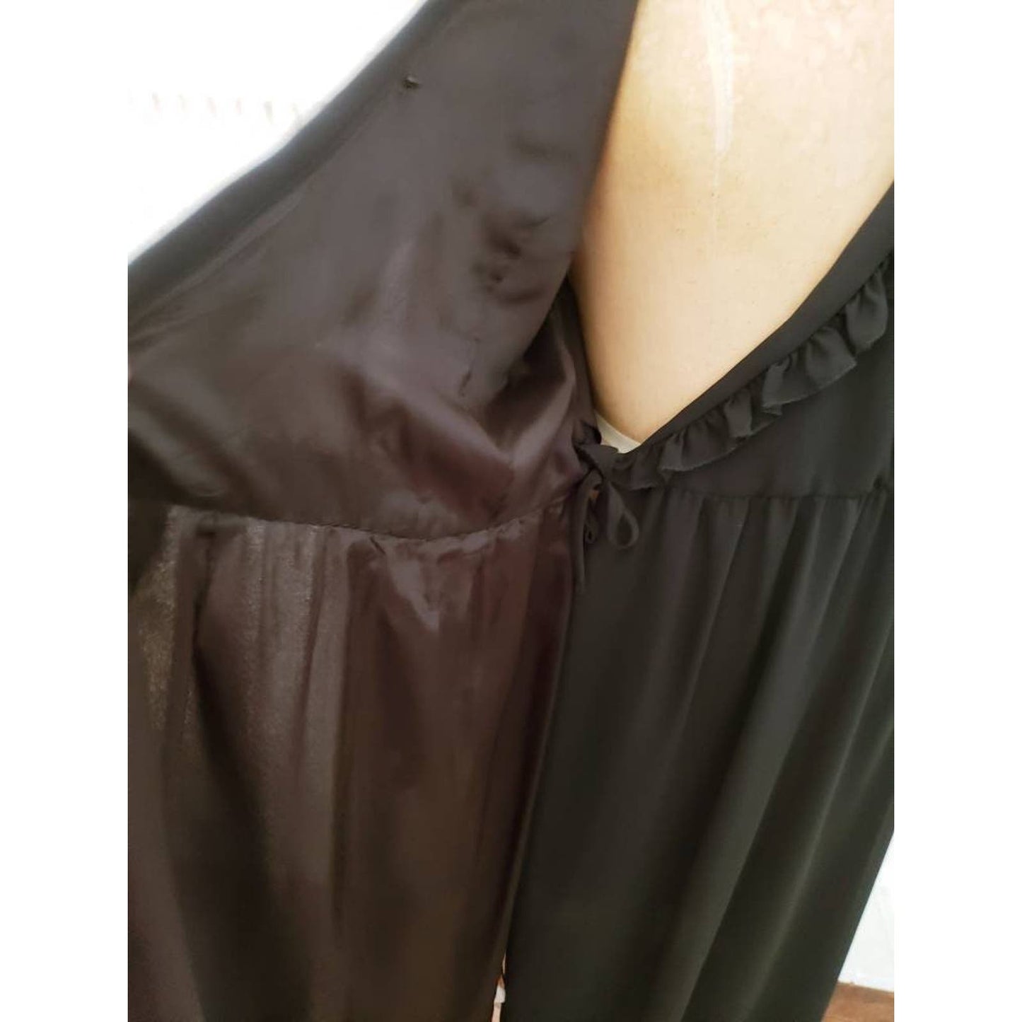 Vintage 70s Black Wrap Dress Ruffled Shawl Collar Long Sleeves