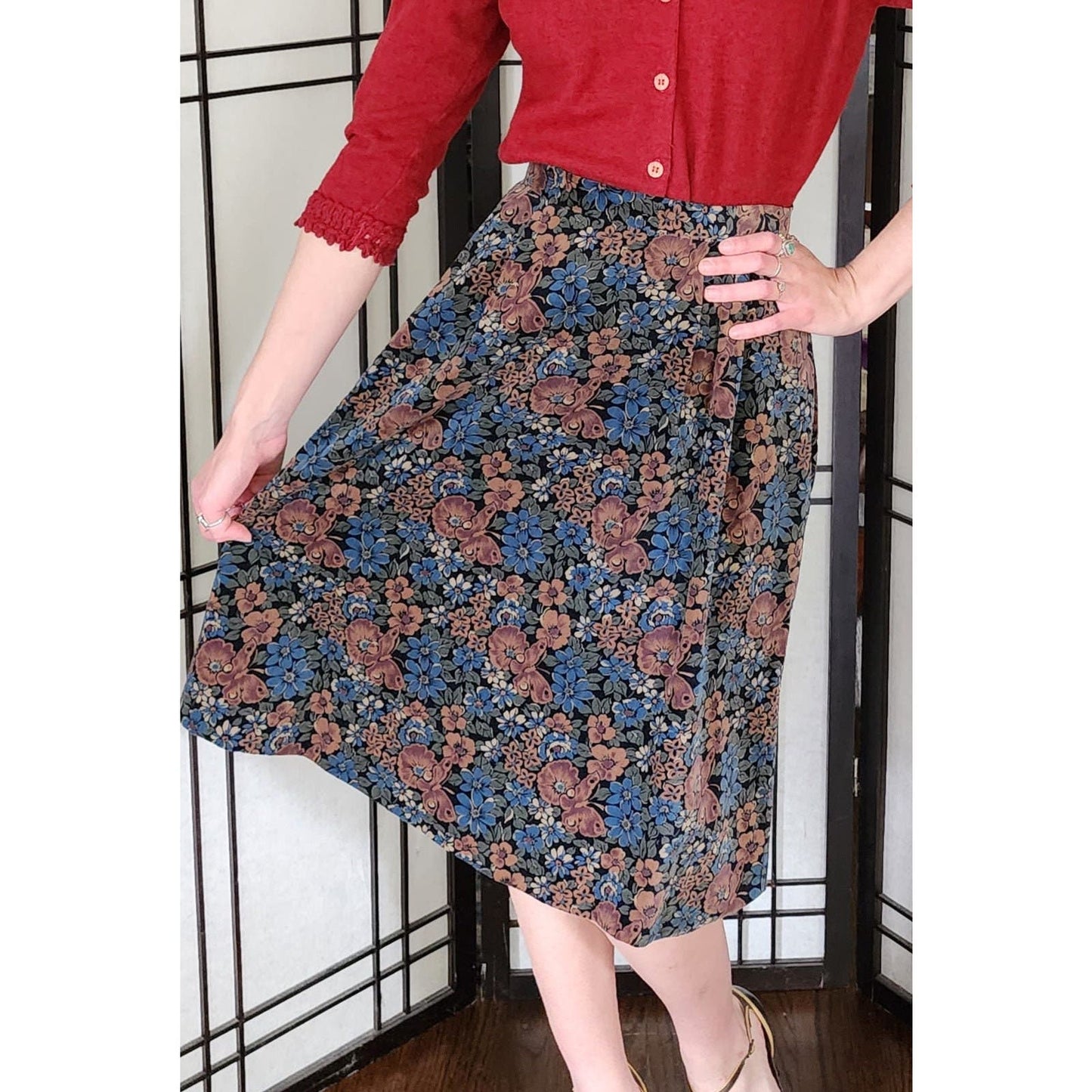 Vintage 70s Corduroy Skirt Floral Print Brown Blue