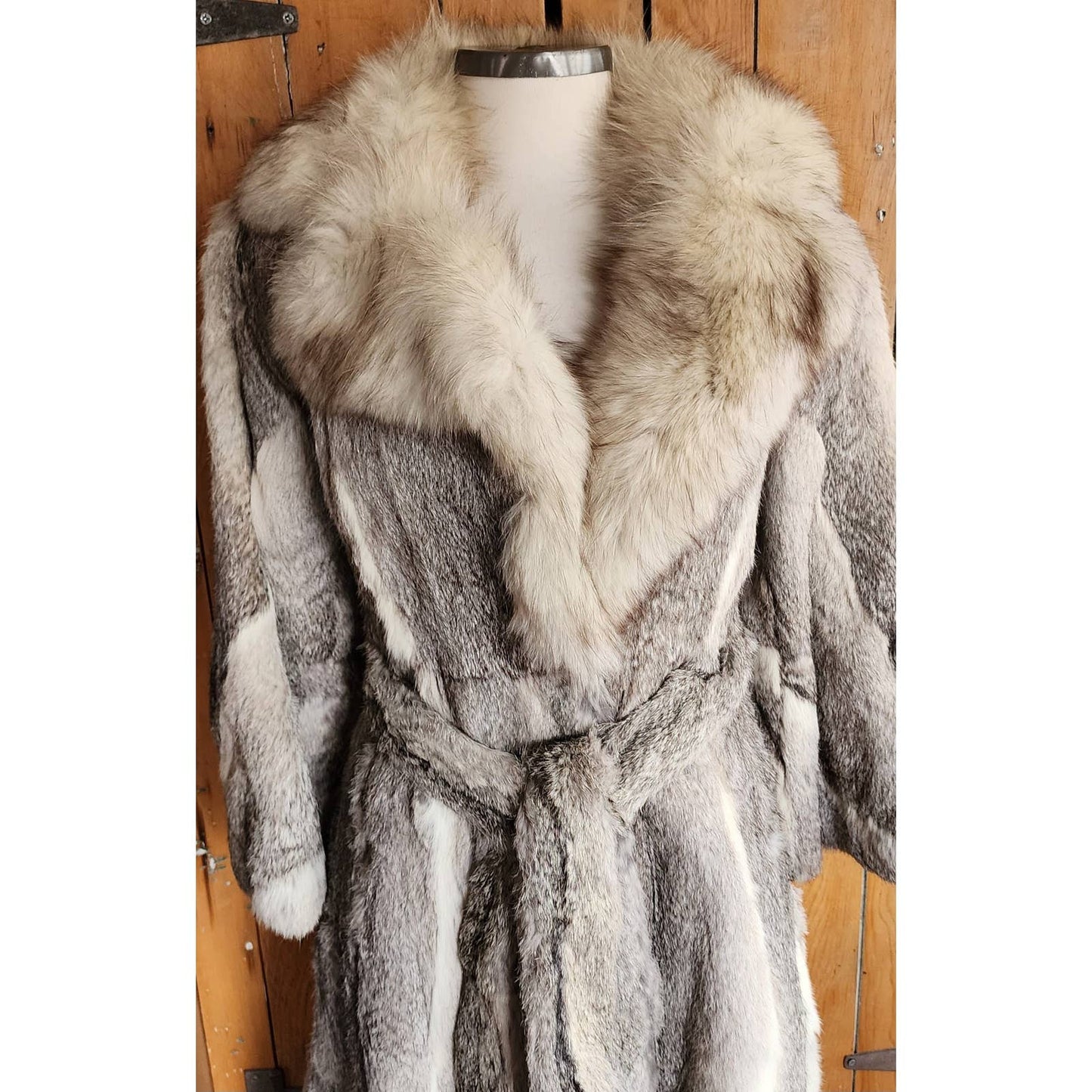 Vintage 70s Gray Fur Boho Coat Belted Fox & Rabbit Medium
