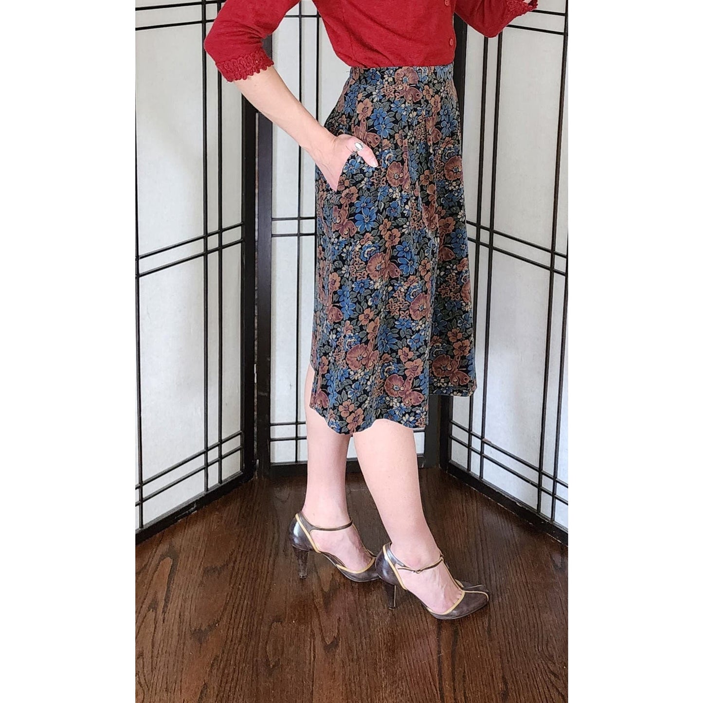 Vintage 70s Corduroy Skirt Floral Print Brown Blue