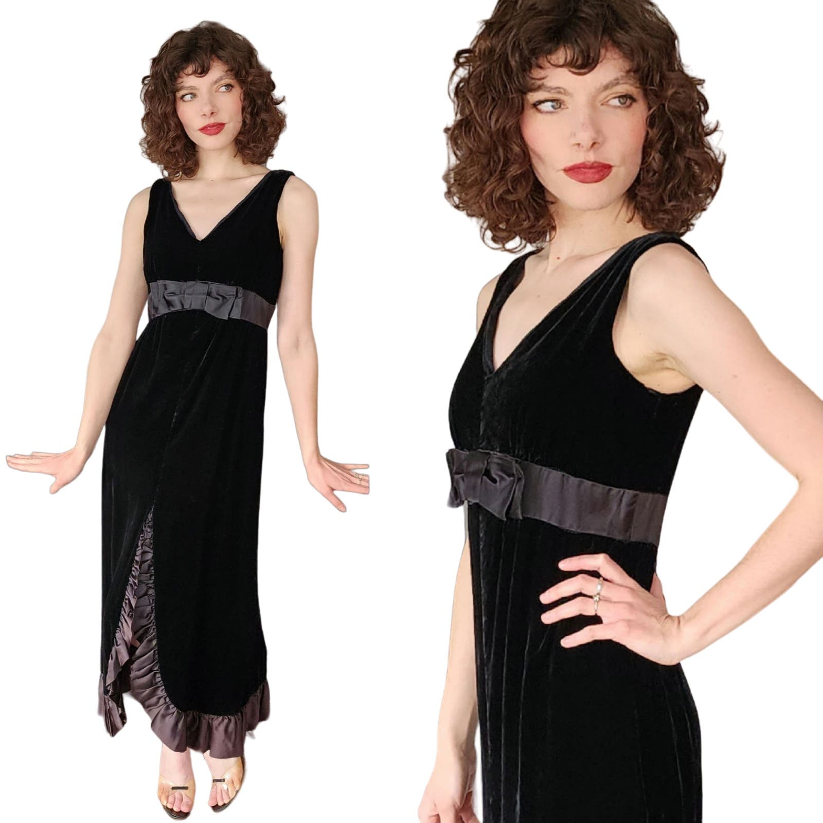 nursing dress formal Vintage 60s Black Velvet Evening Dress Bow Ruffled Skirt – RareJule Vintage