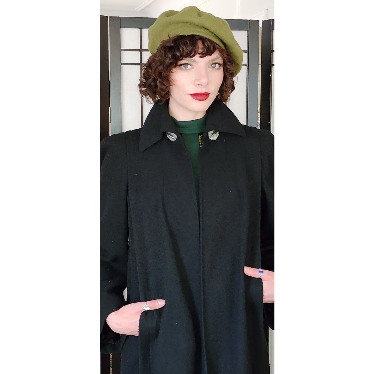 Vintage 40s Black Wool Coat Silver Leaf Scarf Buckle M /L