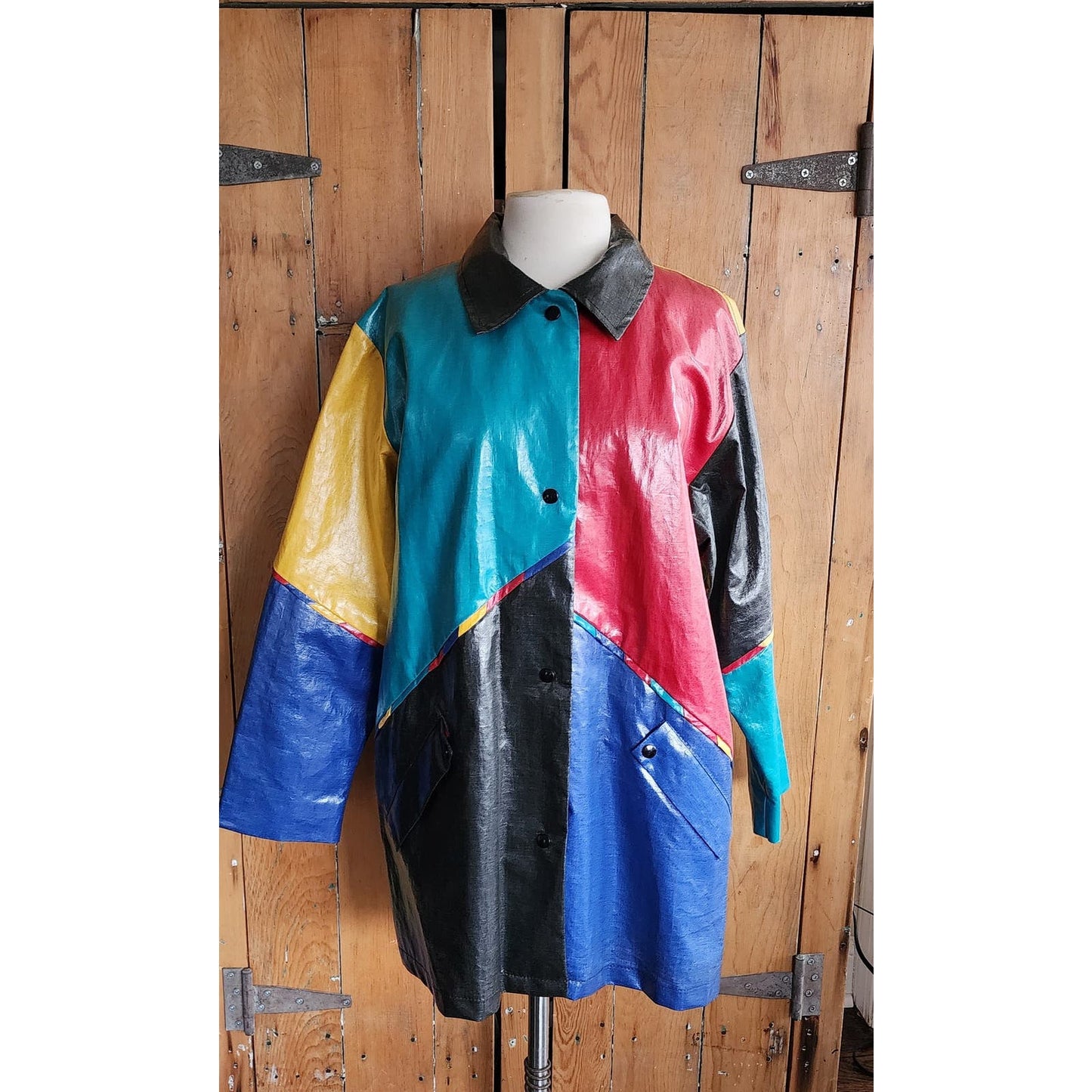 Vintage 80s Vinyl Coat Colorblock Patchwork