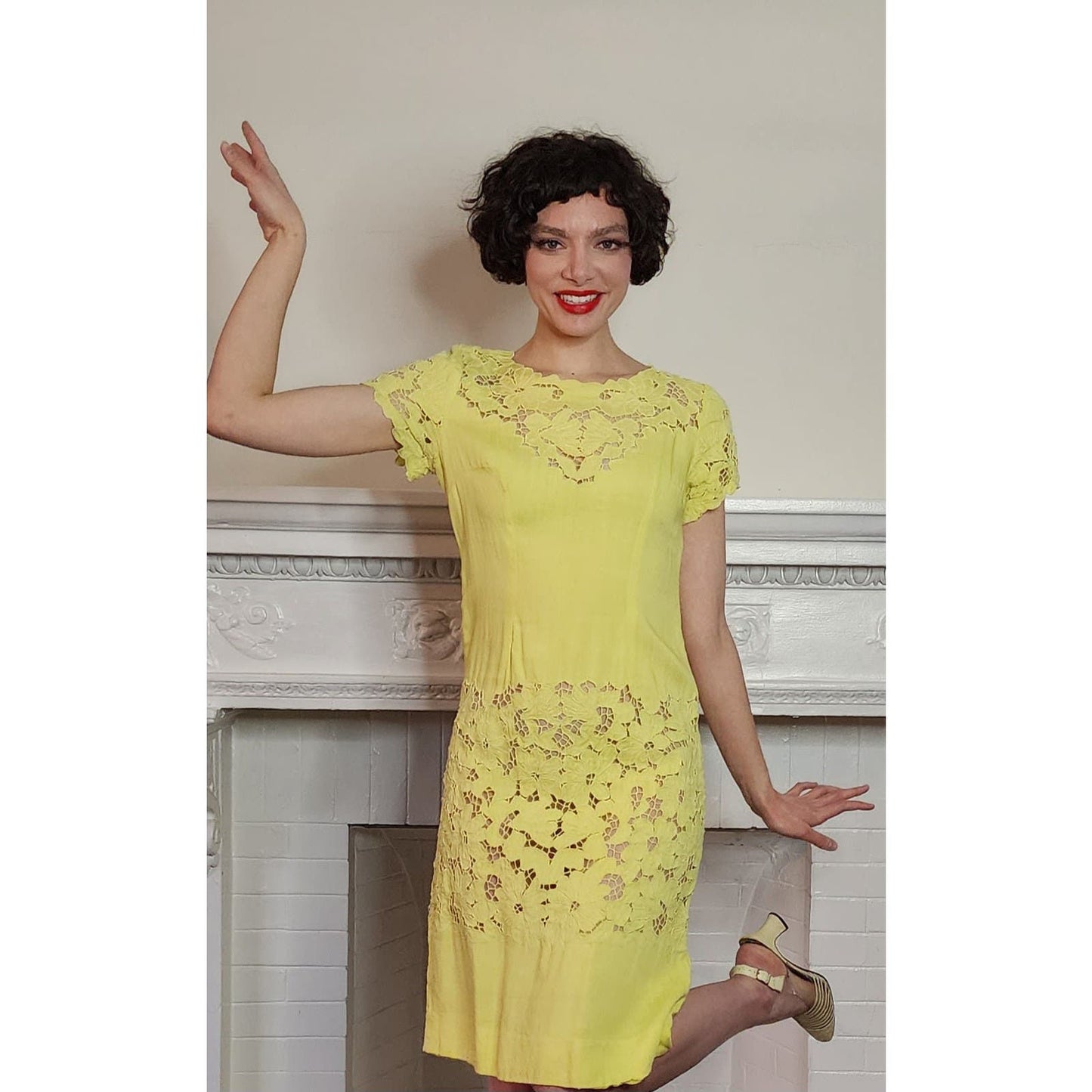 Vintage 60s Yellow Summer Dress Cut Lace 20s Style