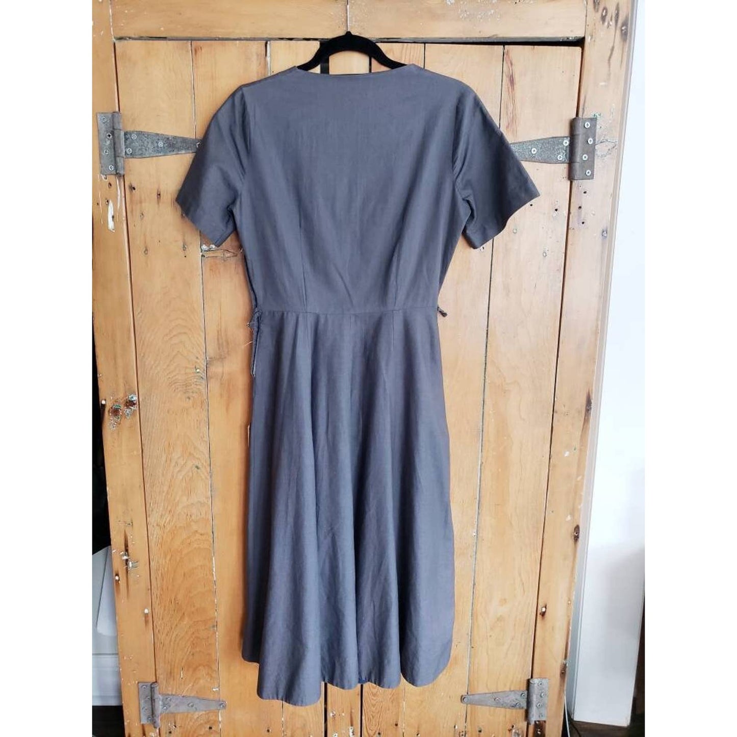 Vintage 50s Cotton Print Dress Gray Red Polka Dot Short Sleeves Circle Skirt