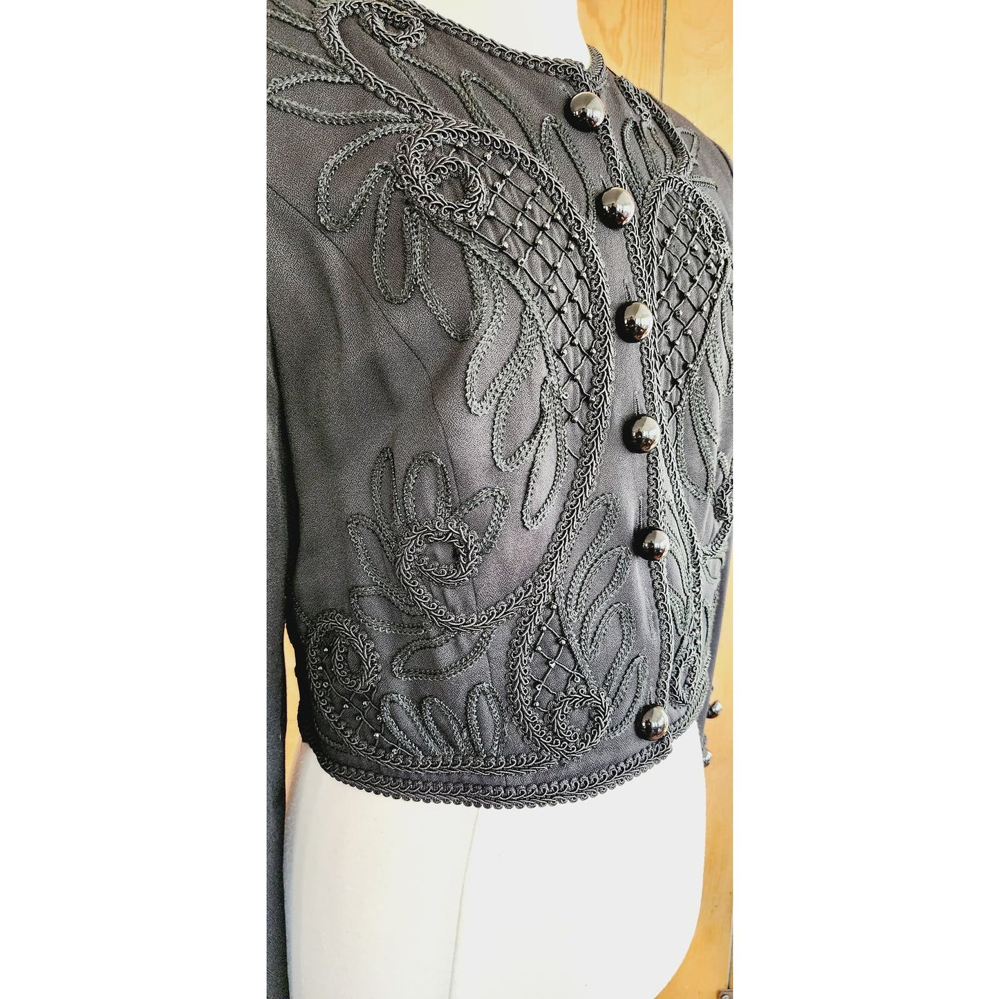 Vintage 80s Black Cropped Blazer Embroidered Beaded Marie St Claire