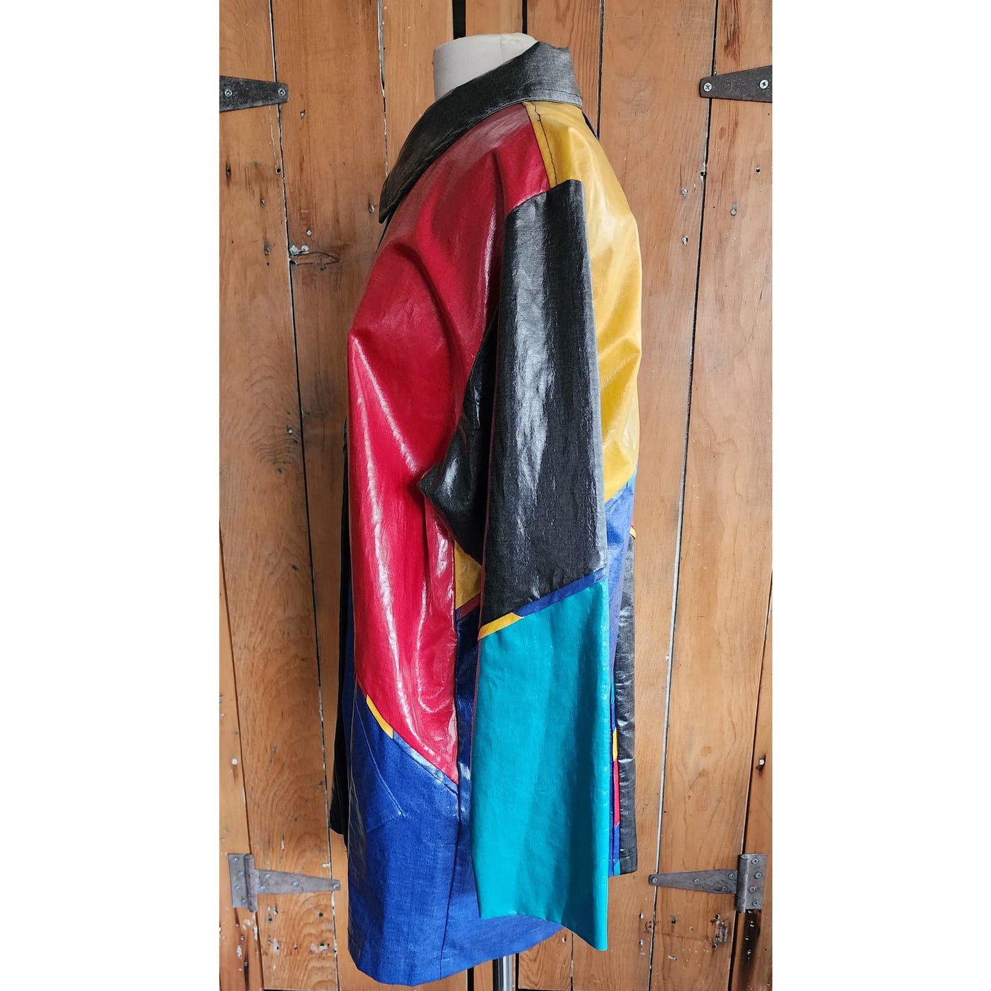 Vintage 80s Vinyl Coat Colorblock Patchwork