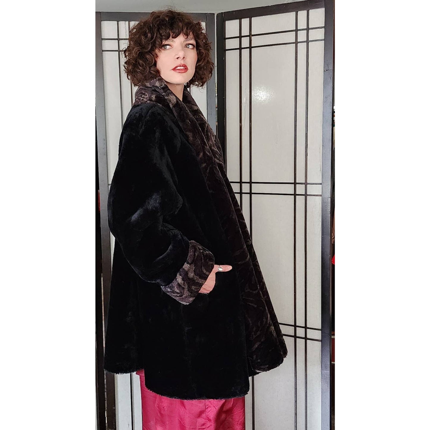 90s does 20s Faux Fur Coat Black Brown by Monterey Deadstock NOS