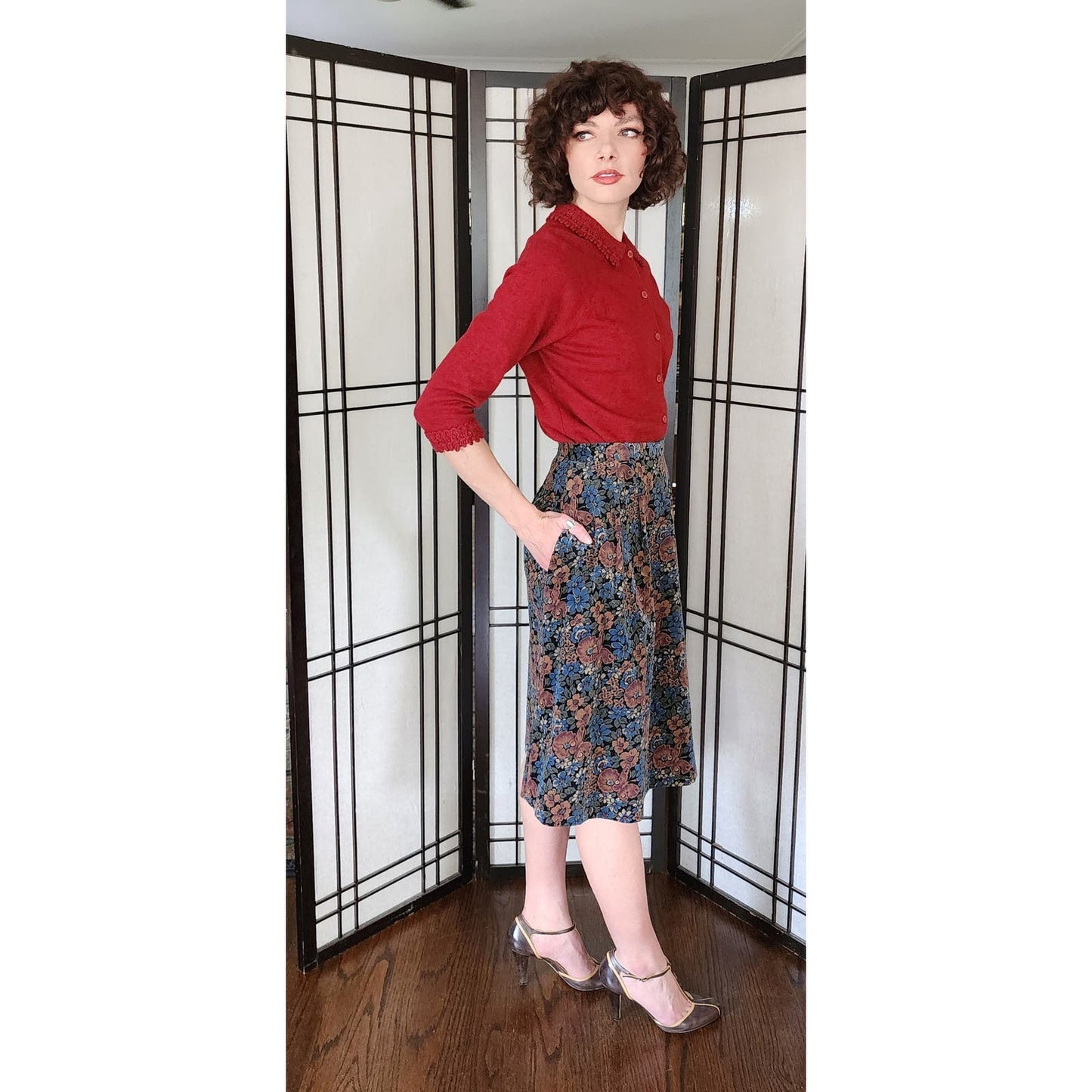 Vintage 70s Corduroy Skirt Floral Print Brown Blue