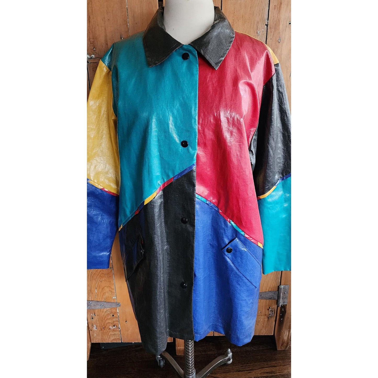 Vintage 80s Vinyl Coat Colorblock Patchwork