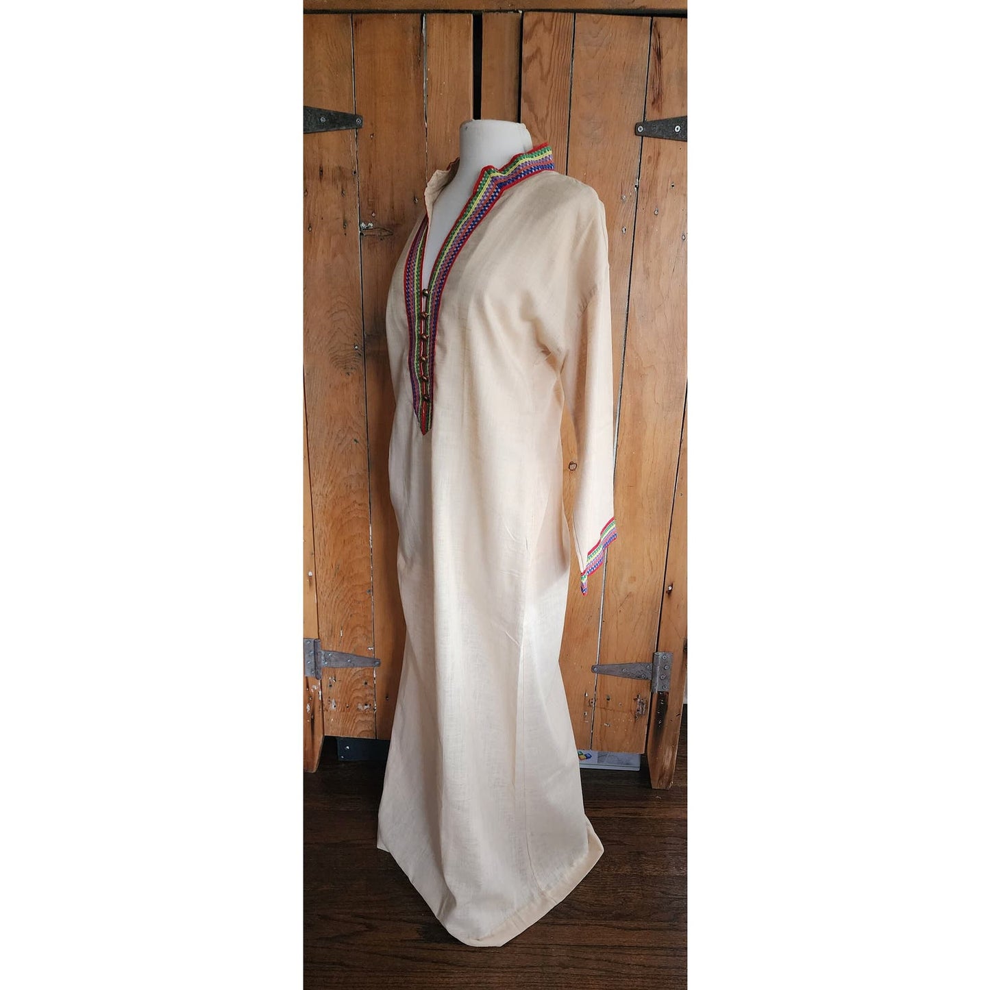 Vintage 70s Beige Maxi Caftan Dress Maxi Embroidered Lounger Sears