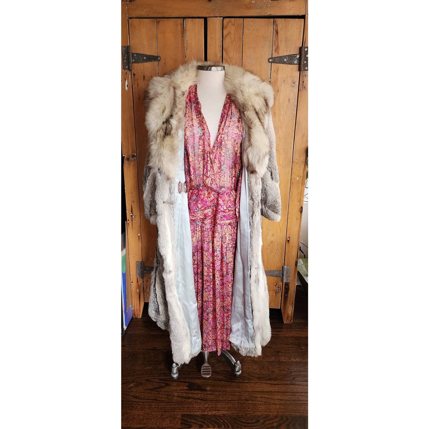 Vintage 70s Gray Fur Boho Coat Belted Fox & Rabbit Medium