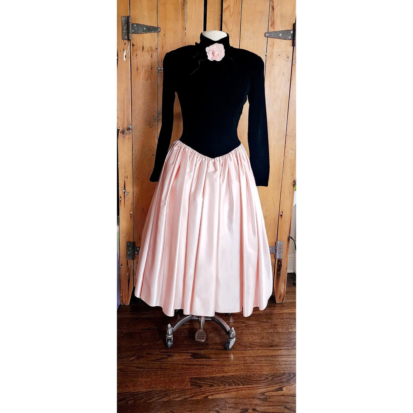 Vintage 80s Victor Costa Dress Black Velvet Pink Satin