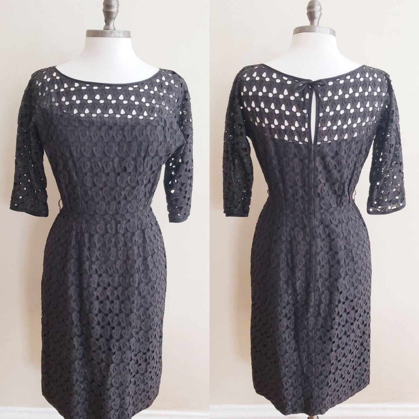 Vintage 50s Black Cocktail Dress Cut Lace Keyhole Back / M
