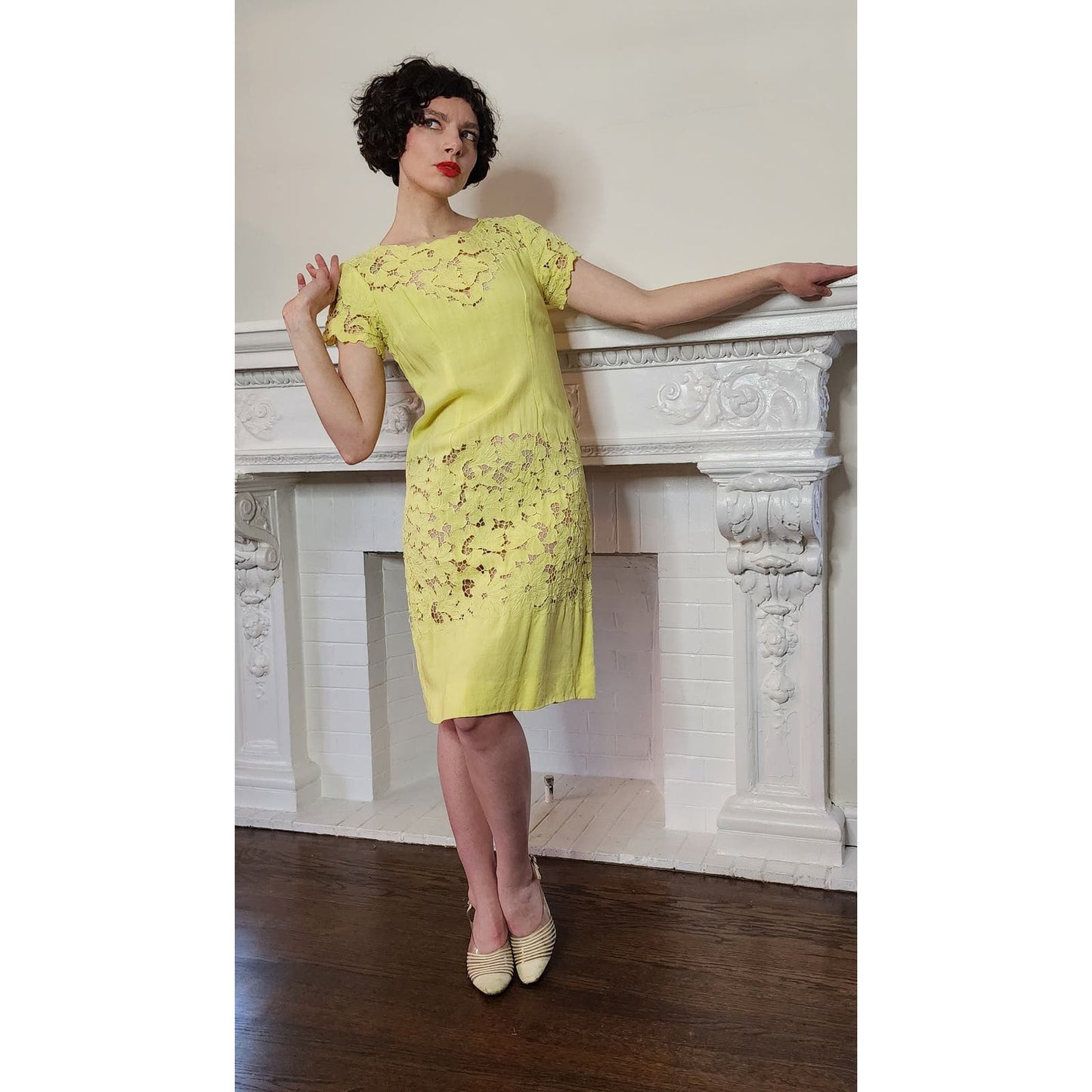 Vintage 60s Yellow Summer Dress Cut Lace 20s Style