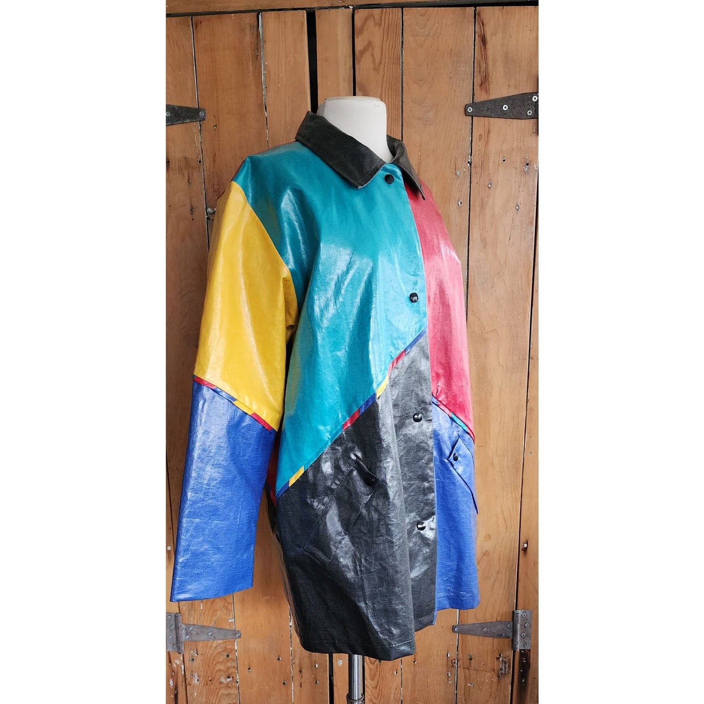 Vintage 80s Vinyl Coat Colorblock Patchwork