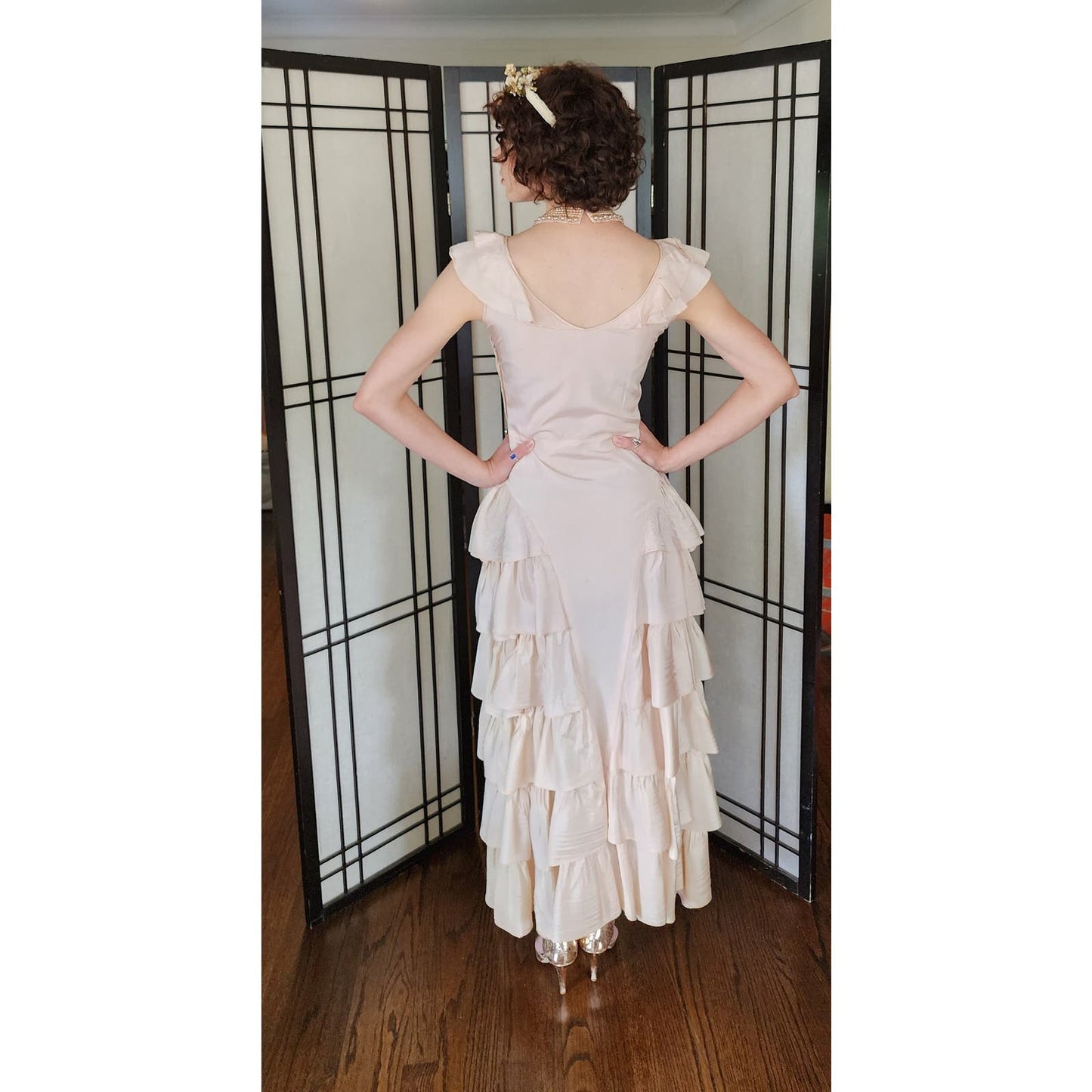 Vintage 30s Peach Satin Evening Dress Ruffled Skirt
