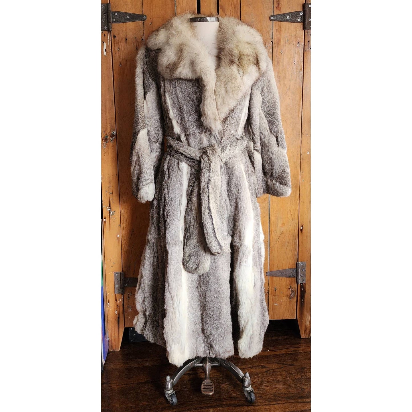 Vintage 70s Gray Fur Boho Coat Belted Fox & Rabbit Medium