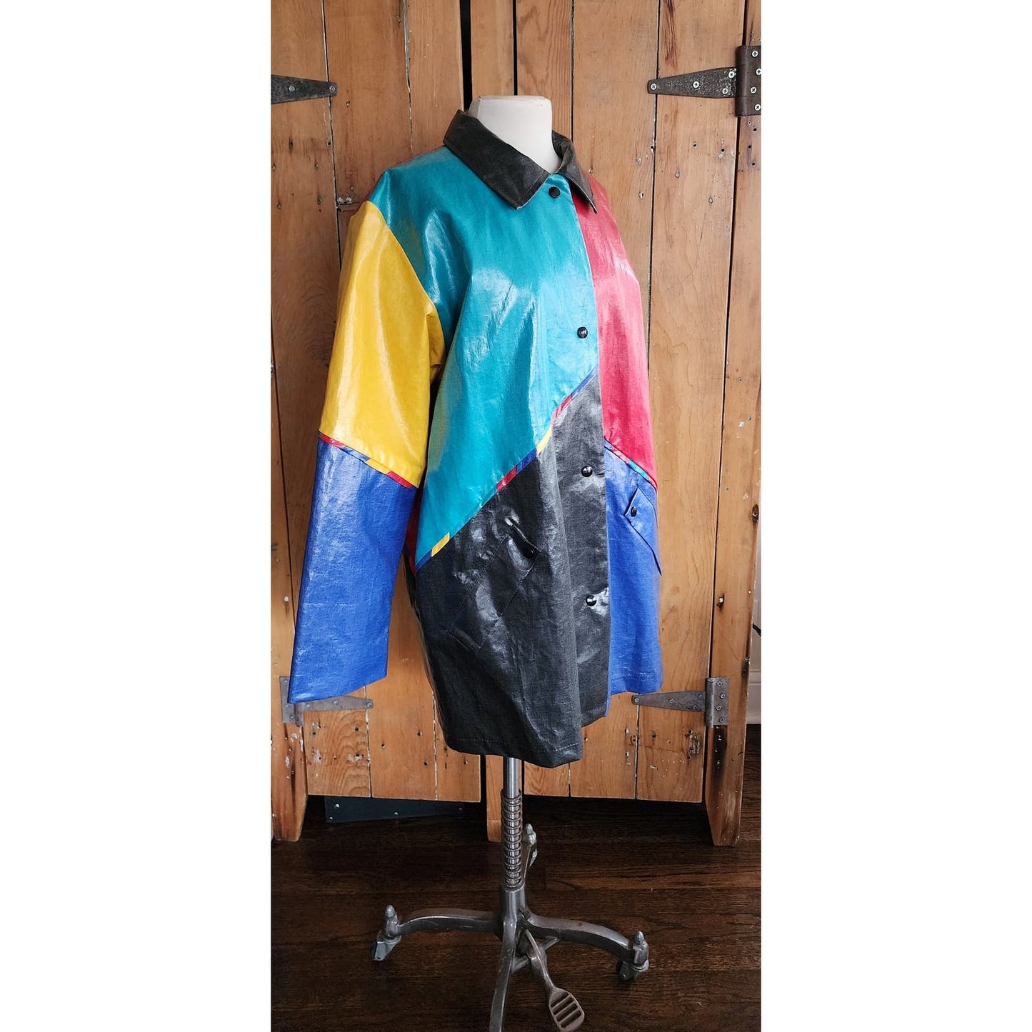 Vintage 80s Vinyl Coat Colorblock Patchwork