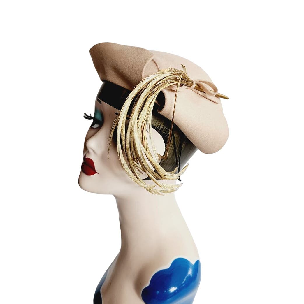 Vintage 50s Cocktail Hat Beige Wool Gold Feathers Beverly Devon