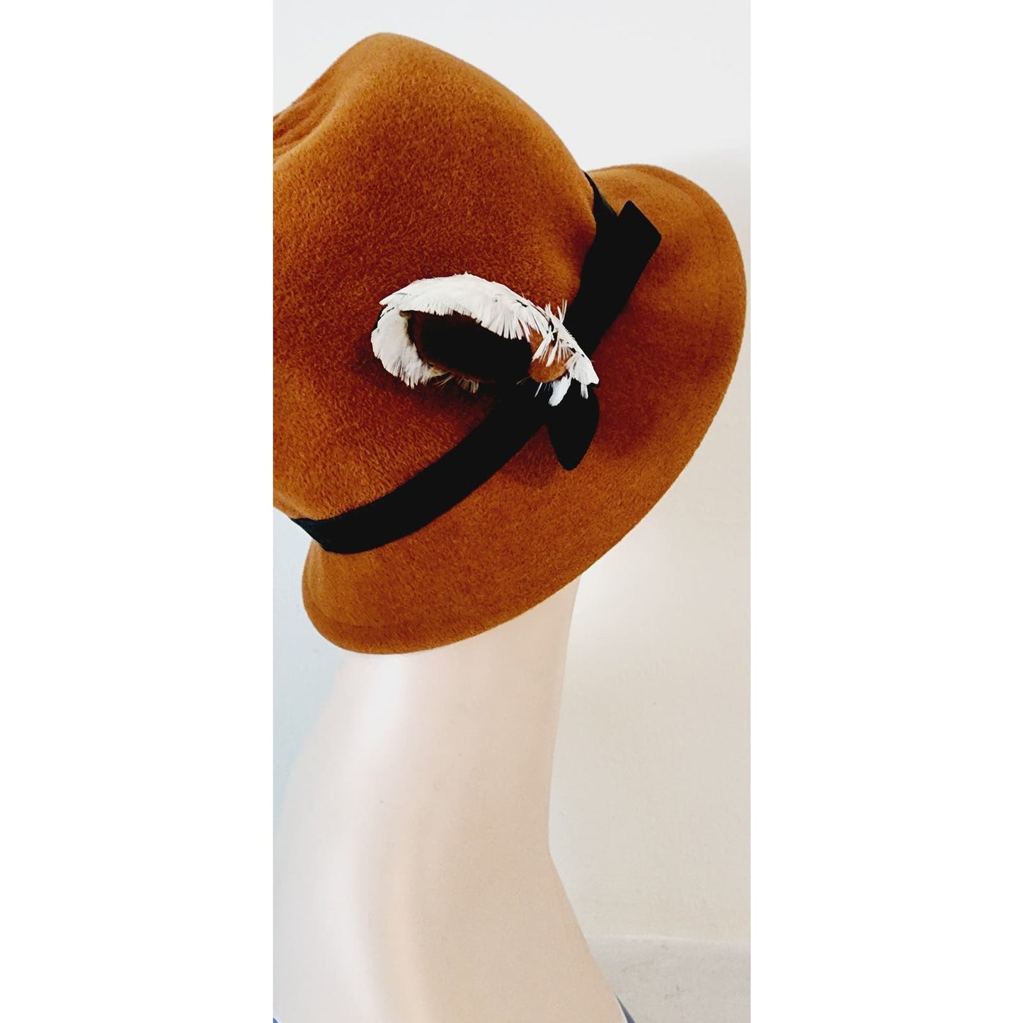 Vintage 60s Brown Wool Brimmed Hat Beige Feather Rivera