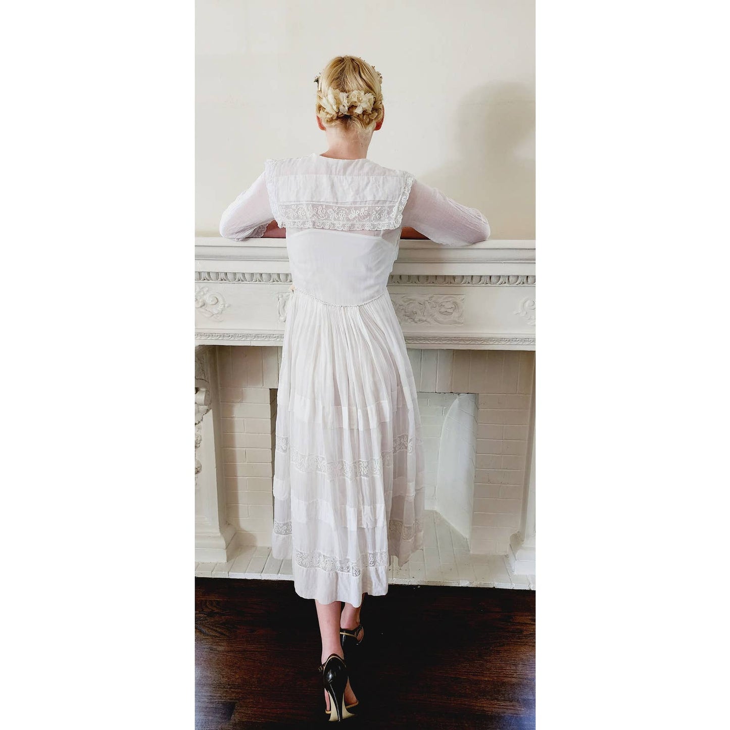 Edwardian White Cotton Tea Dress Sailor Collar Mildred