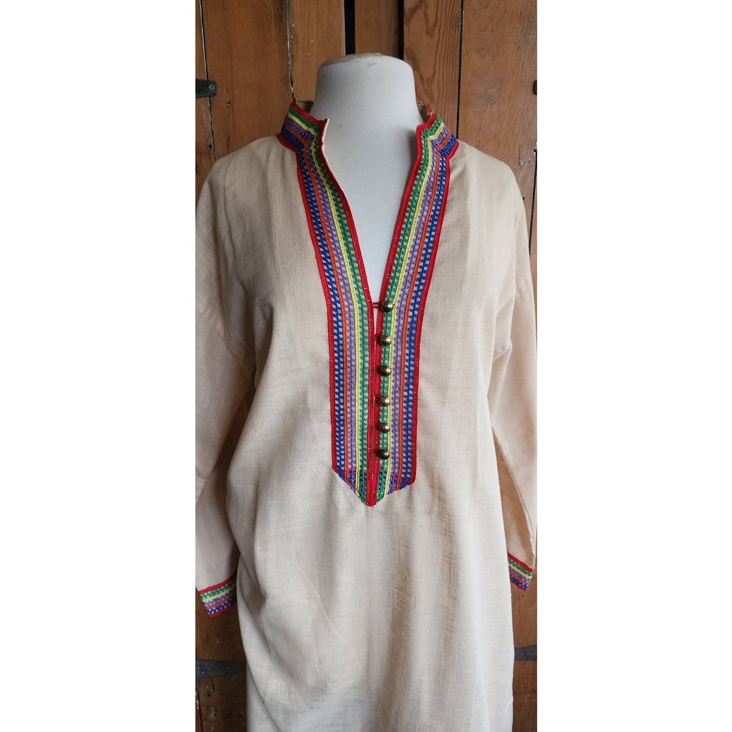 Vintage 70s Beige Maxi Caftan Dress Maxi Embroidered Lounger Sears
