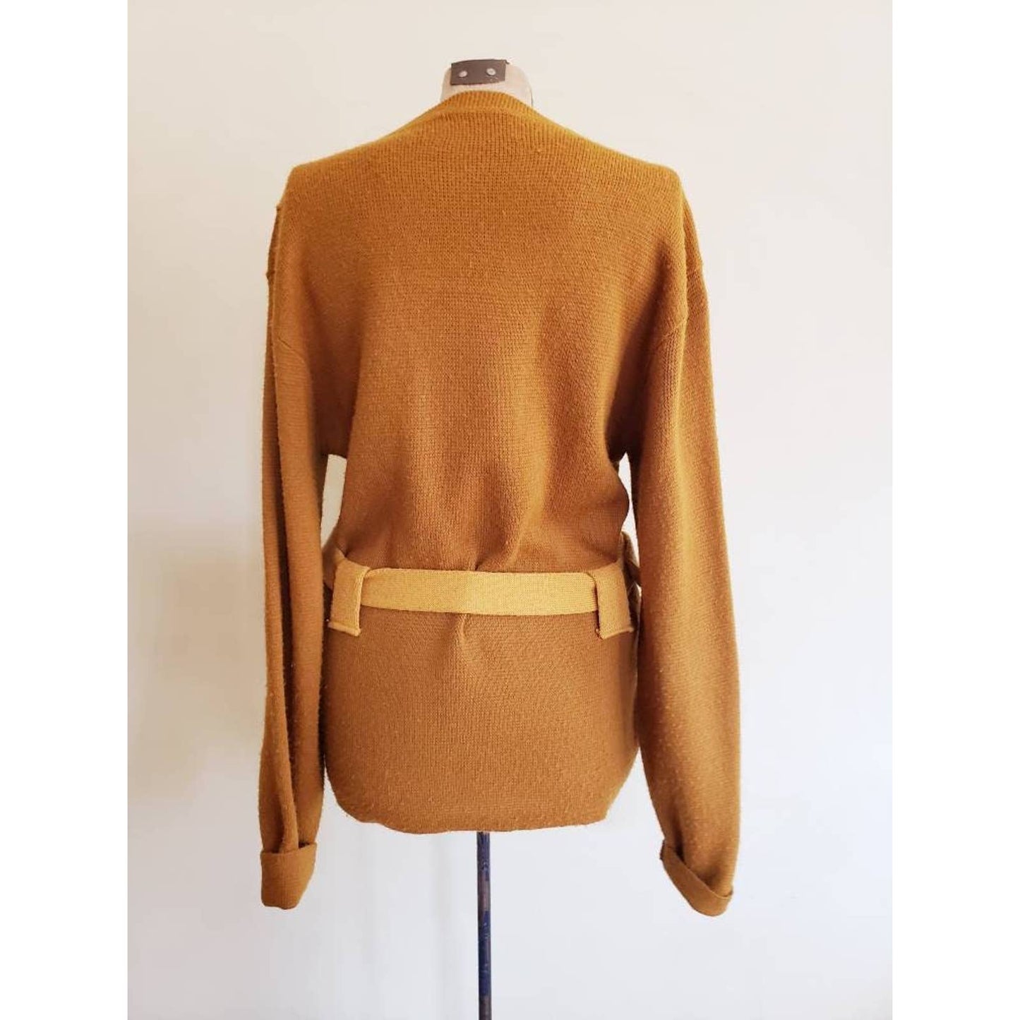 Vintage 70 Mens Sweater Mustard Yellow Sweater Adjustable Buckle Belt