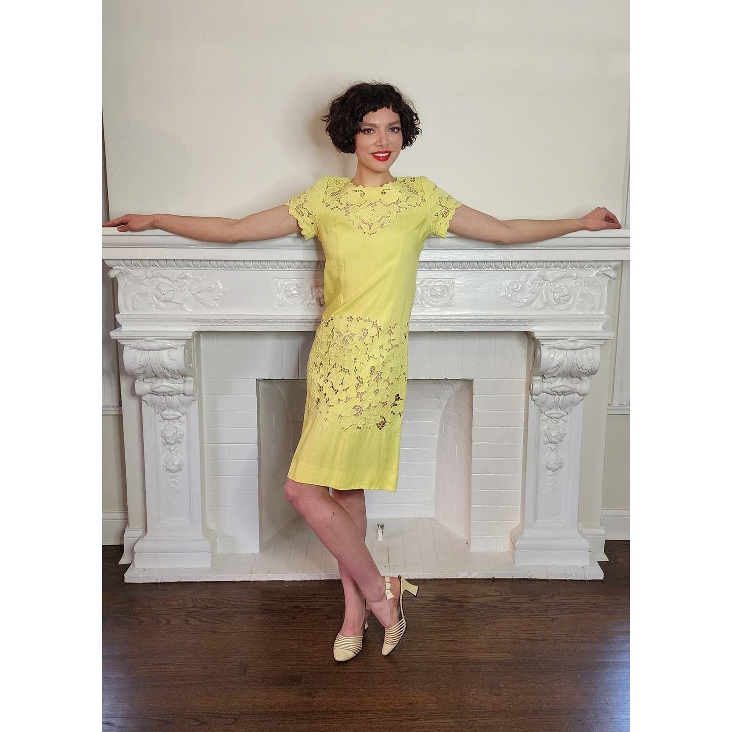 Vintage 60s Yellow Summer Dress Cut Lace 20s Style
