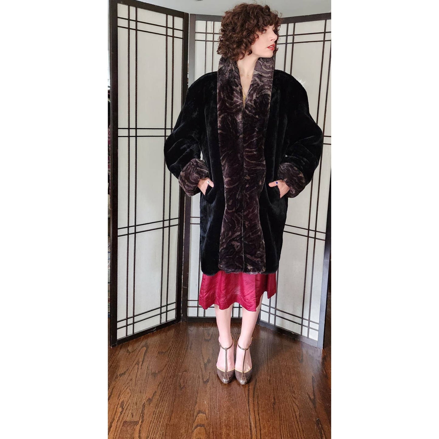 90s does 20s Faux Fur Coat Black Brown by Monterey Deadstock NOS