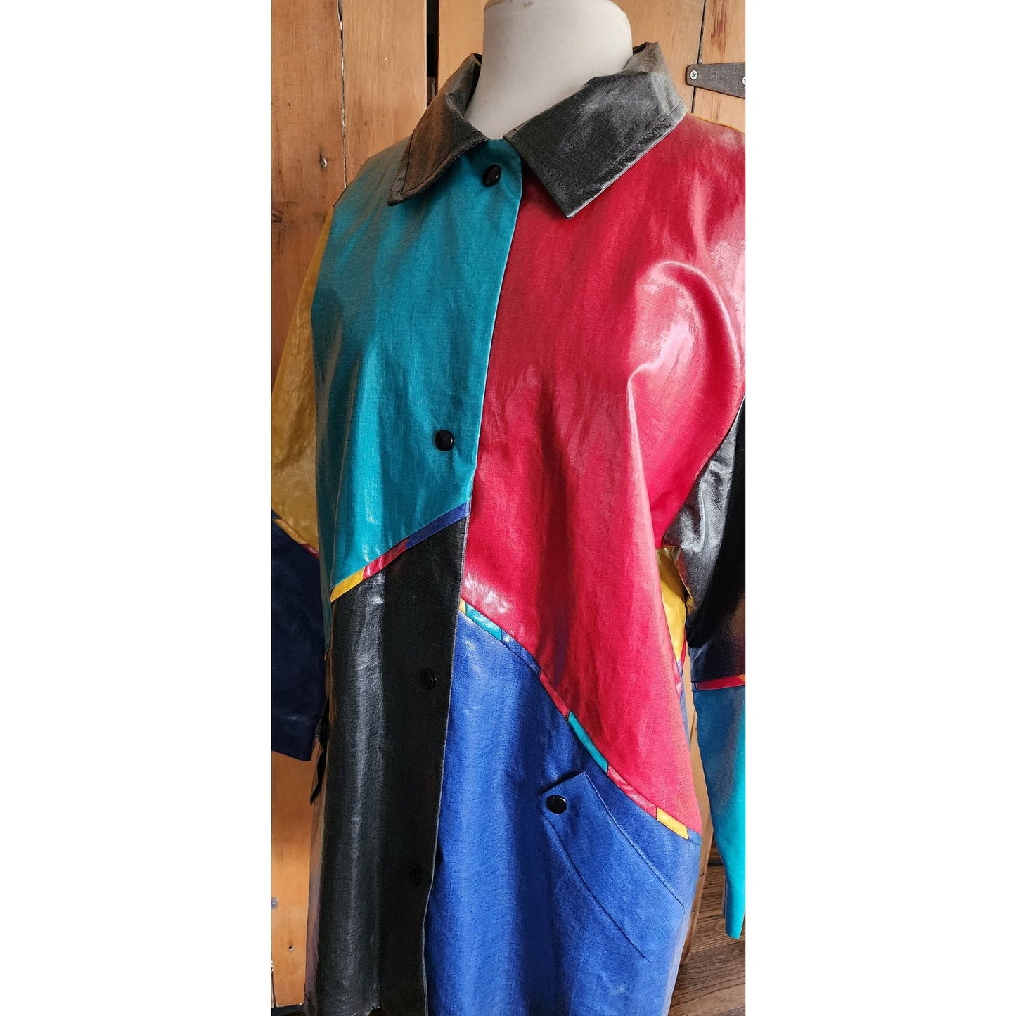 Vintage 80s Vinyl Coat Colorblock Patchwork