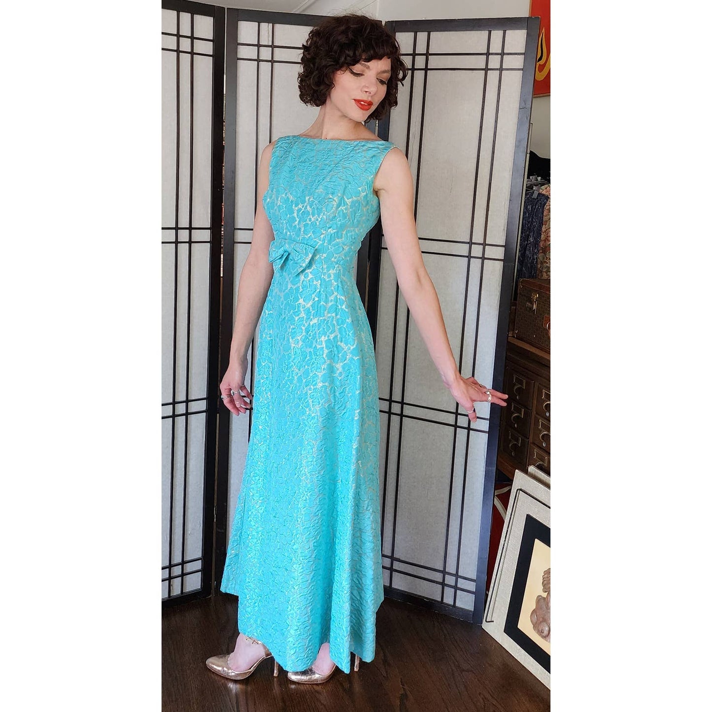 60s Party Dress Blue Gold Maxi Pebble Texture Sleeveless w/Bow / S