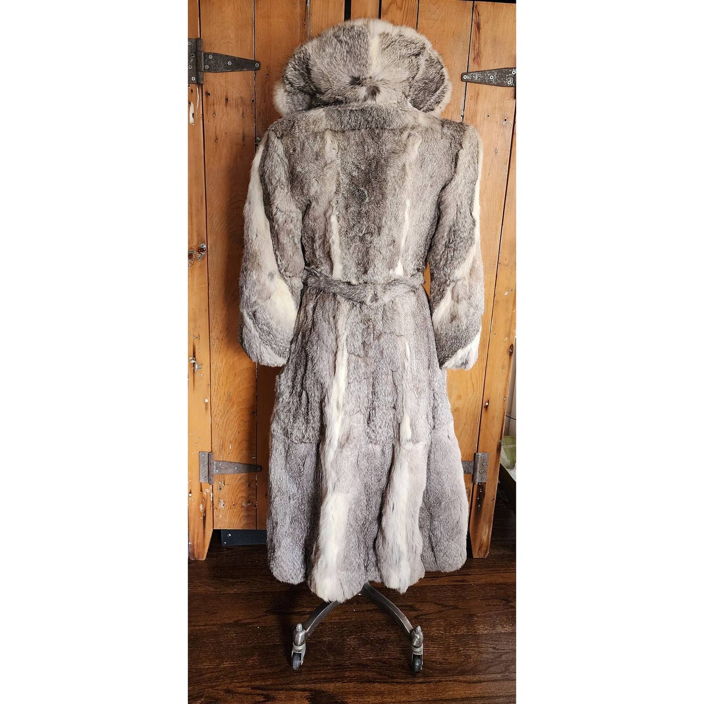 Vintage 70s Gray Fur Boho Coat Belted Fox & Rabbit Medium