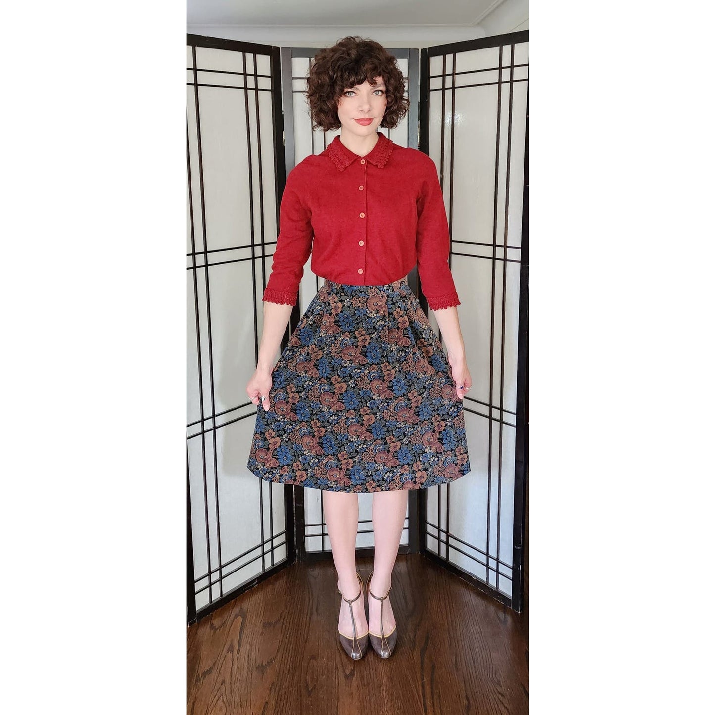 Vintage 70s Corduroy Skirt Floral Print Brown Blue